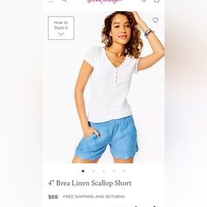 Lilly Pulitzer 4” Brea linen scallop short size small in sea salt blue